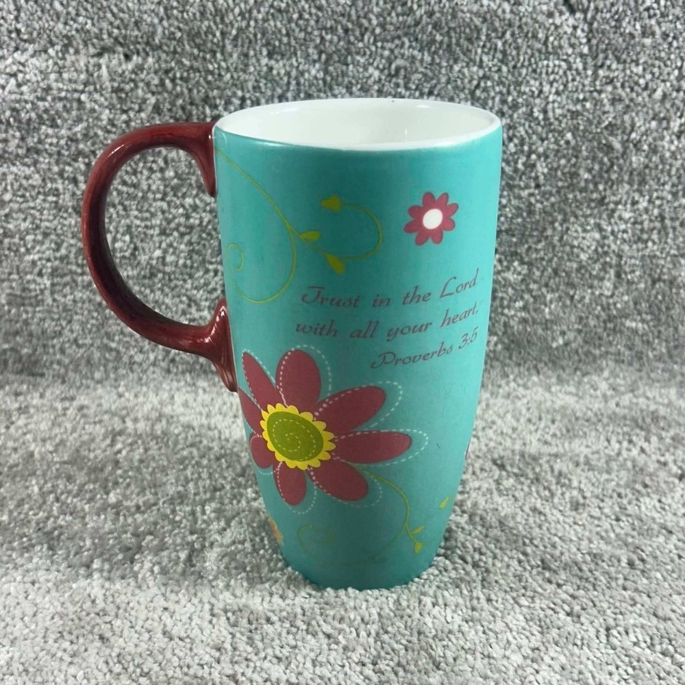 Latte Mug Teal Floral Proverbs 3:5 Trust in the Lord Scripture Religious 6in - Picture 4 of 8